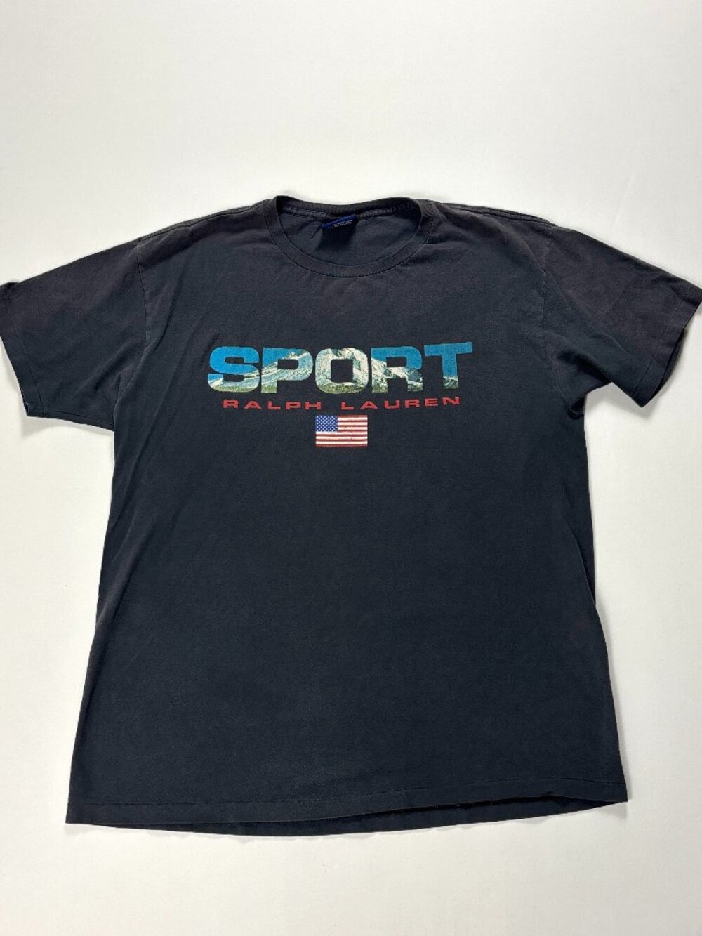 Vintage Polo Sport Ralph Lauren Mens T Shirt Faded Black Sz M USA Mountain